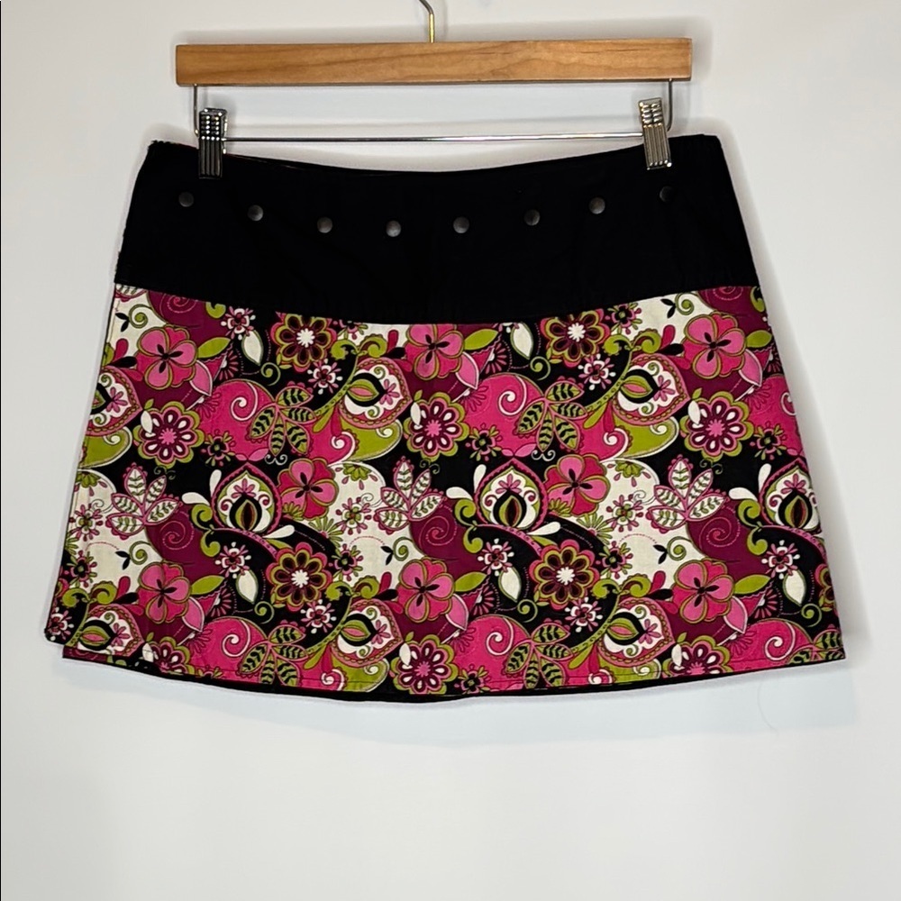 Pink Floral Mini Skirt with Black Waistband